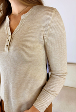 Tribal Tribal Oatmeal Waffle Knit V-Neck w/Buttons Long Sleeve Top