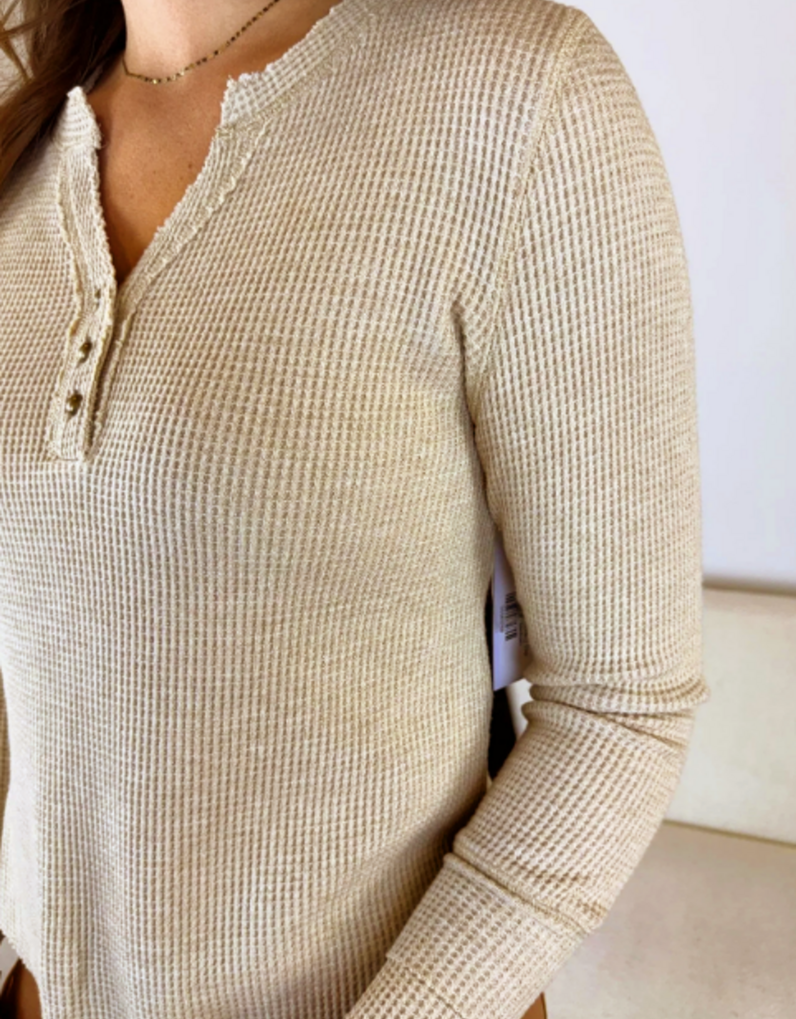 Tribal Tribal Oatmeal Waffle Knit V-Neck w/Buttons Long Sleeve Top
