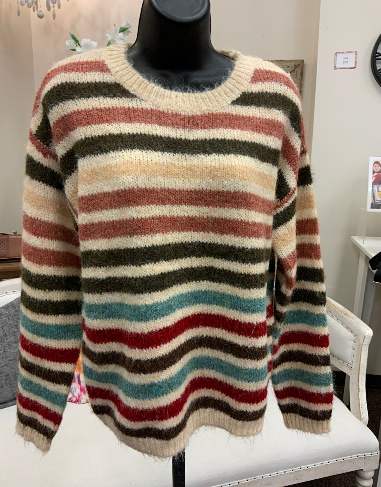 Marble & Me Marble  & Mist  Beige Multi Color Stripe Round Neck Long Sleeve  Sweater