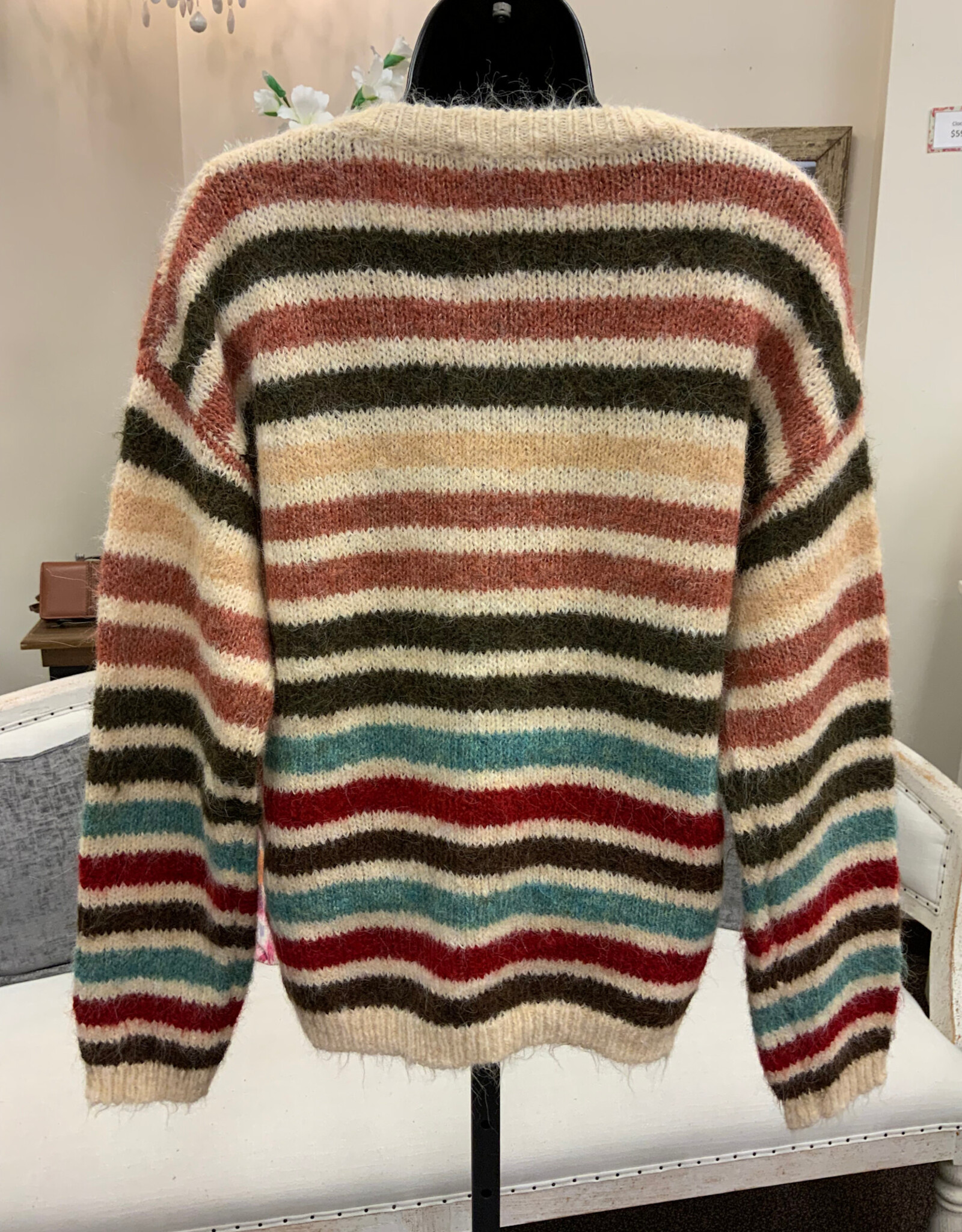 Marble & Me Marble  & Mist  Beige Multi Color Stripe Round Neck Long Sleeve  Sweater