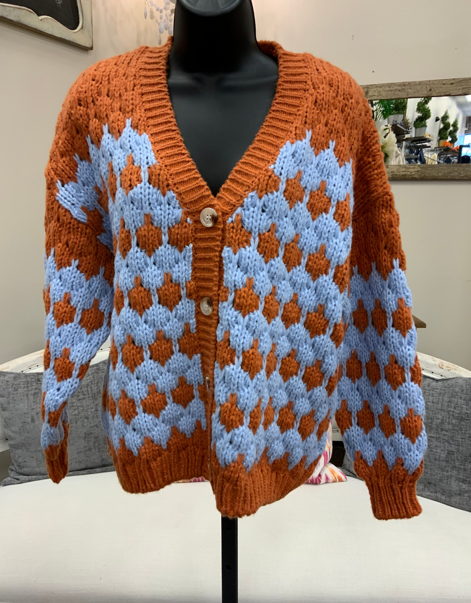 Marble & Me Marble  & Mist Light Blue/Burnt Orange Button Up Loose Knit Cardigan