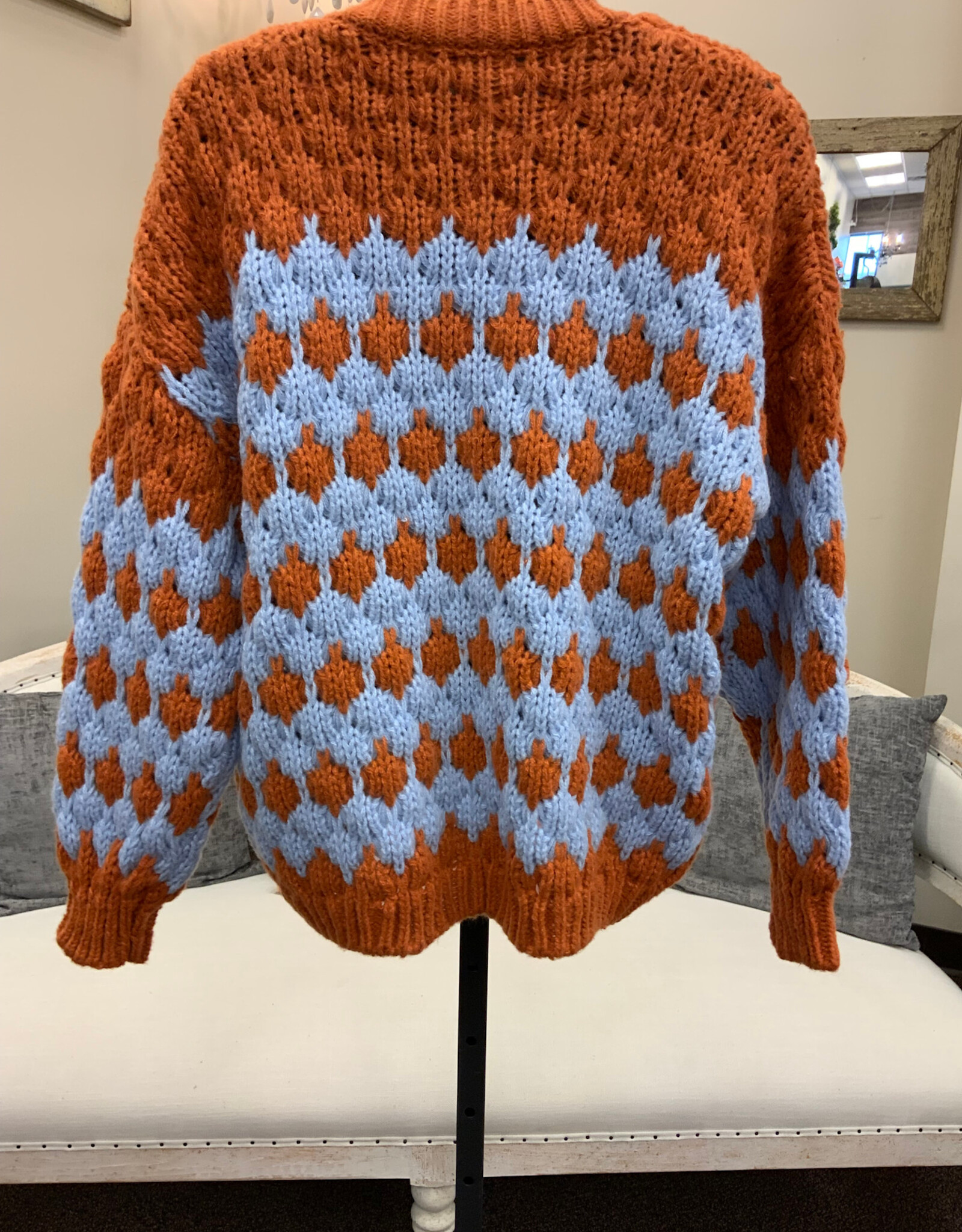 Marble & Me Marble  & Mist Light Blue/Burnt Orange Button Up Loose Knit Cardigan
