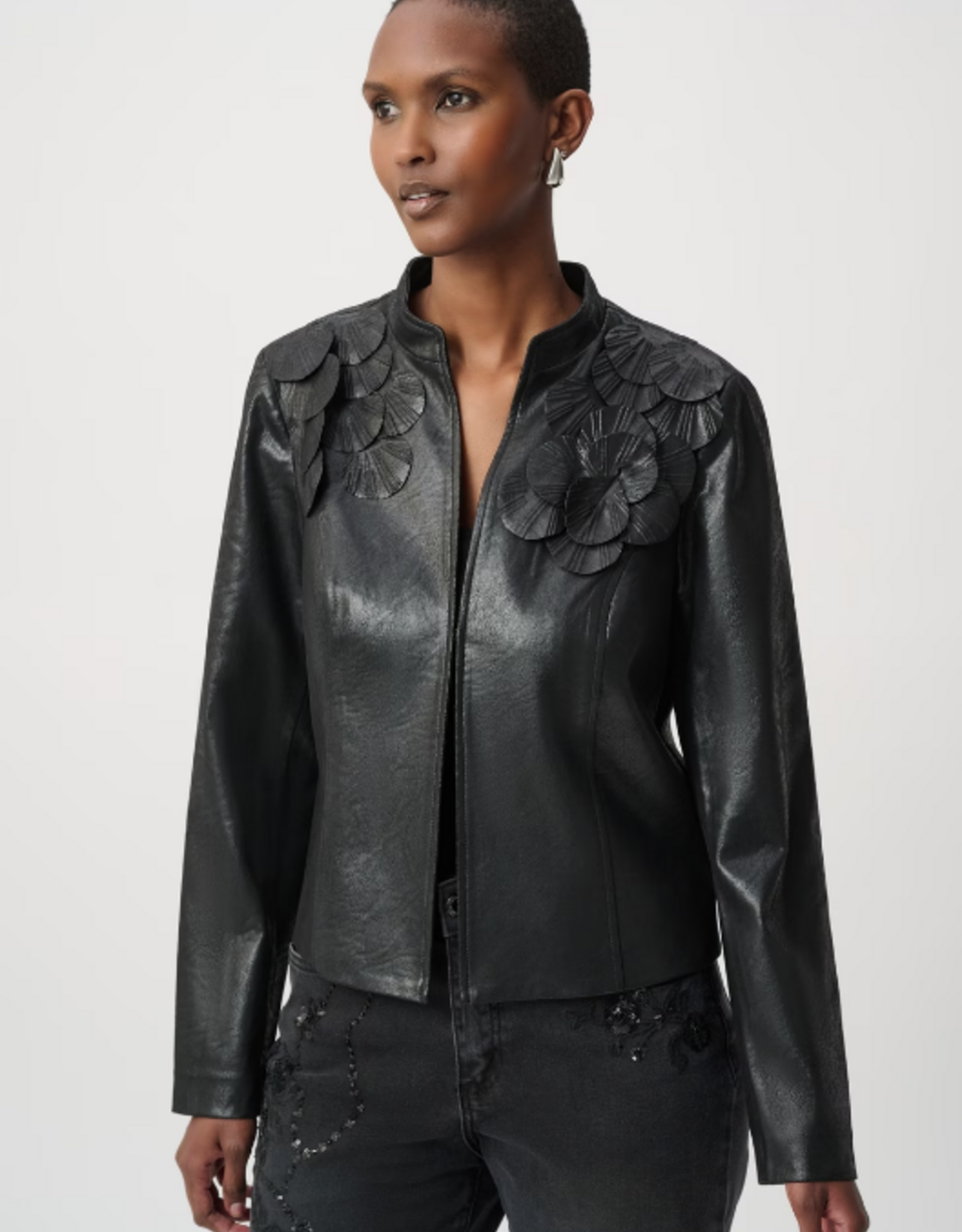 Joseph Ribkoff Joseph Ribkoff Black Floral Detail Edgy Leather Collared Jacket