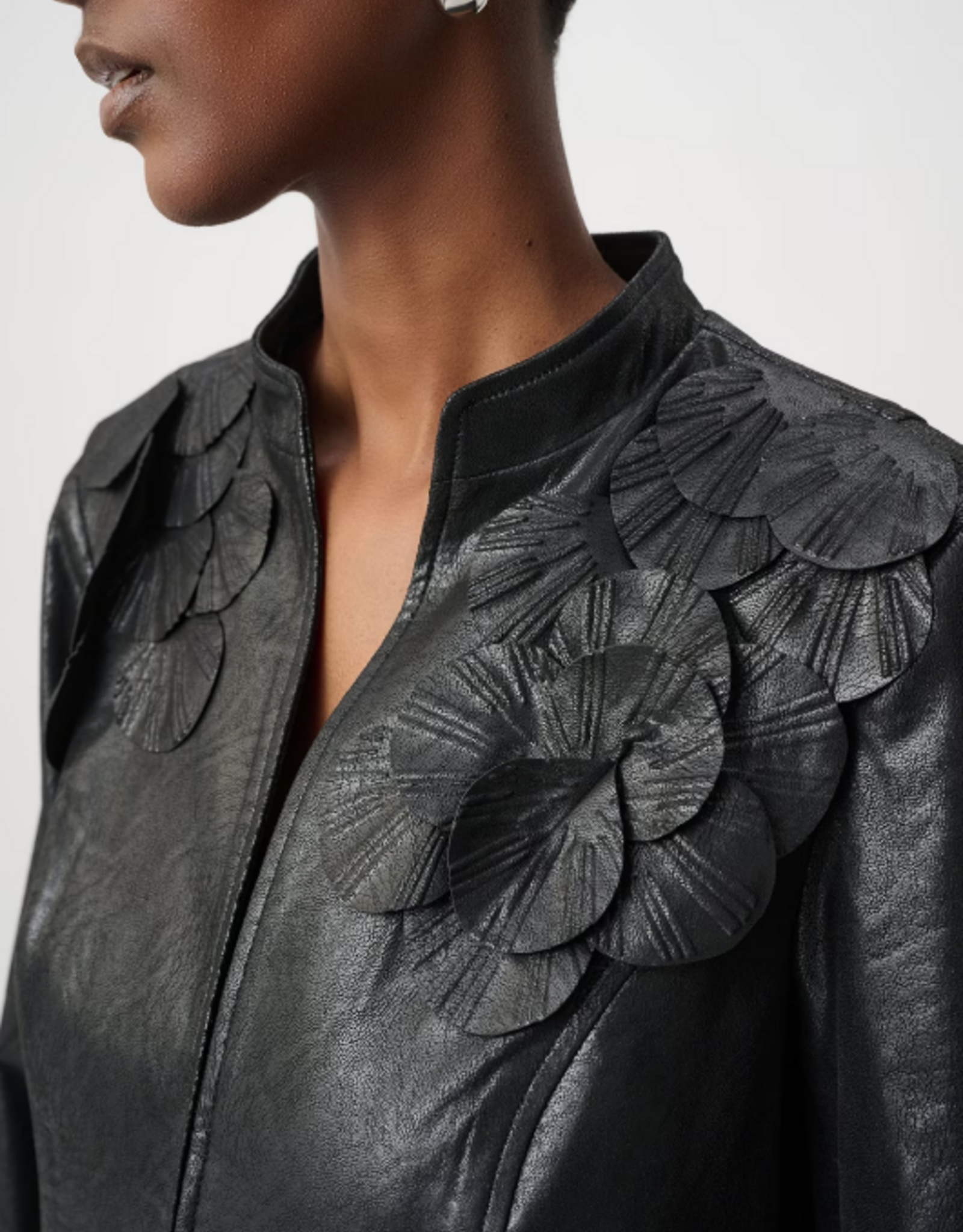 Joseph Ribkoff Joseph Ribkoff Black Floral Detail Edgy Leather Collared Jacket