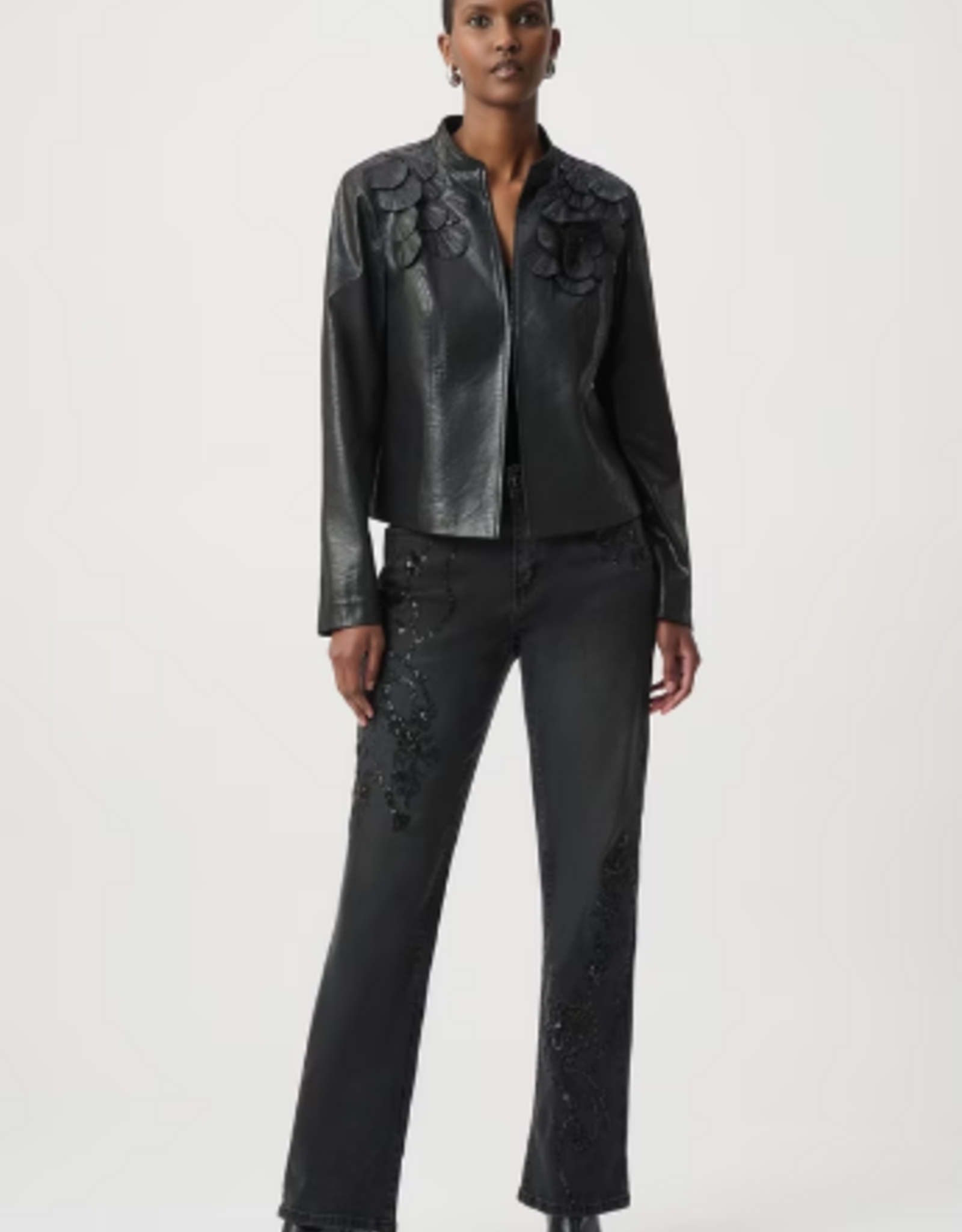 Joseph Ribkoff Joseph Ribkoff Black Floral Detail Edgy Leather Collared Jacket
