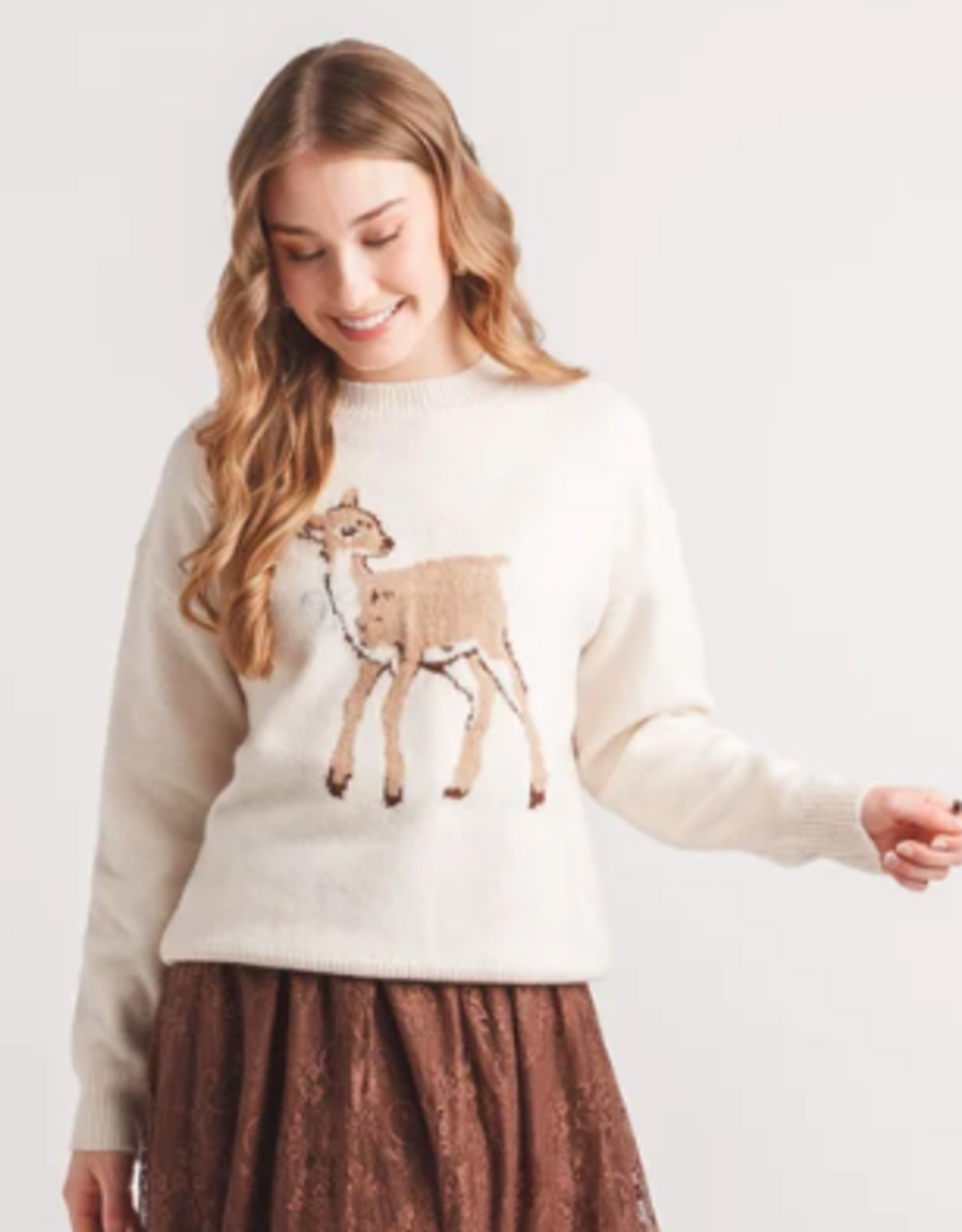 Papillon Papillon Fawn Round Neck Knit Intarsia Sweater