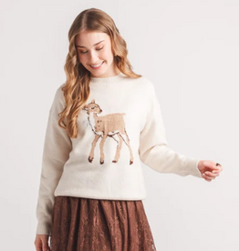 Papillon Papillon Fawn Round Neck Knit Intarsia Sweater