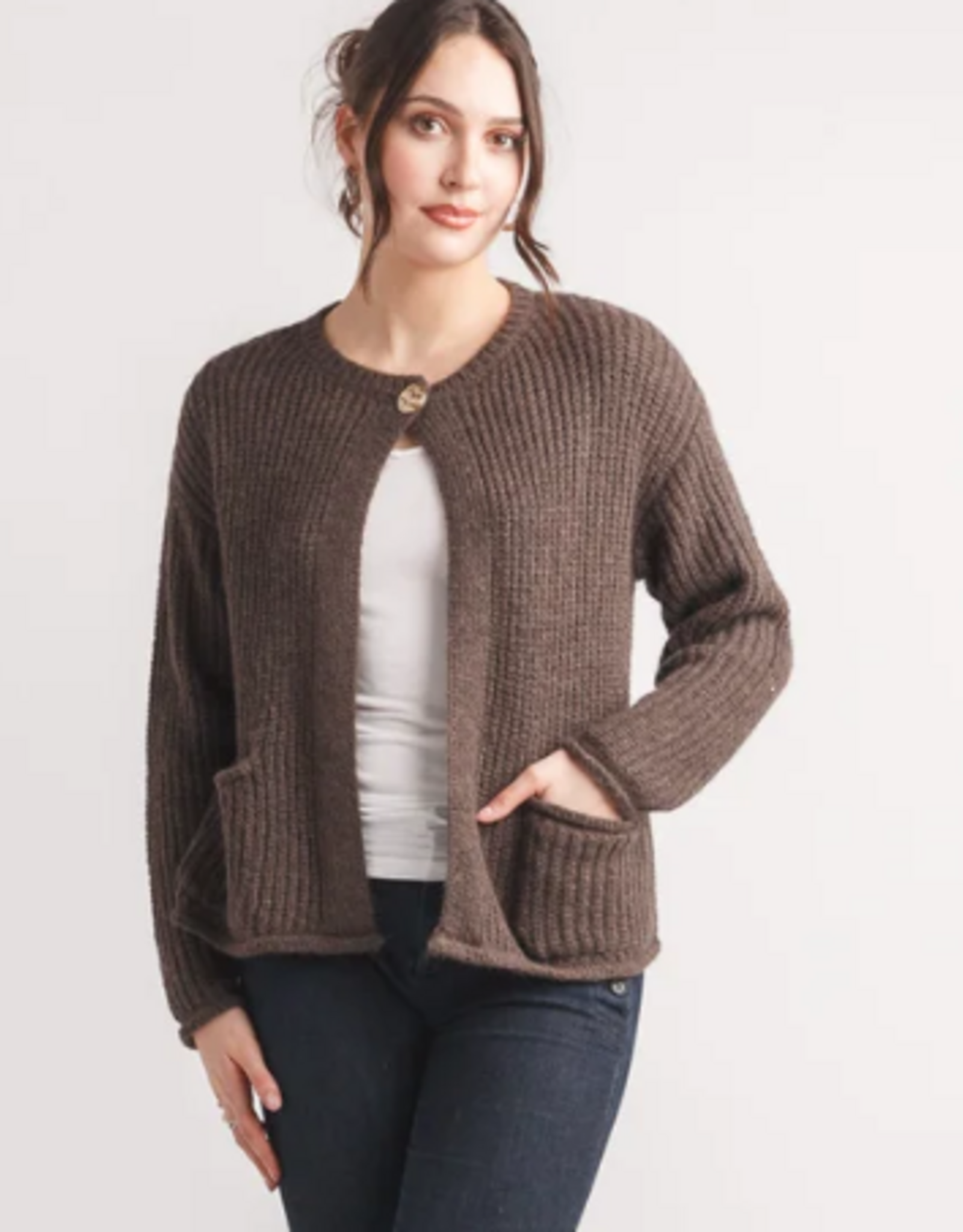 Papillon Papillon Brown Round Neck One Button Detail Patch Pocket Cardigan