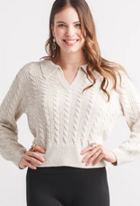 Papillon Papillon Oatmeal V Neck Collared Cable Knit Long Sleeve Sweater