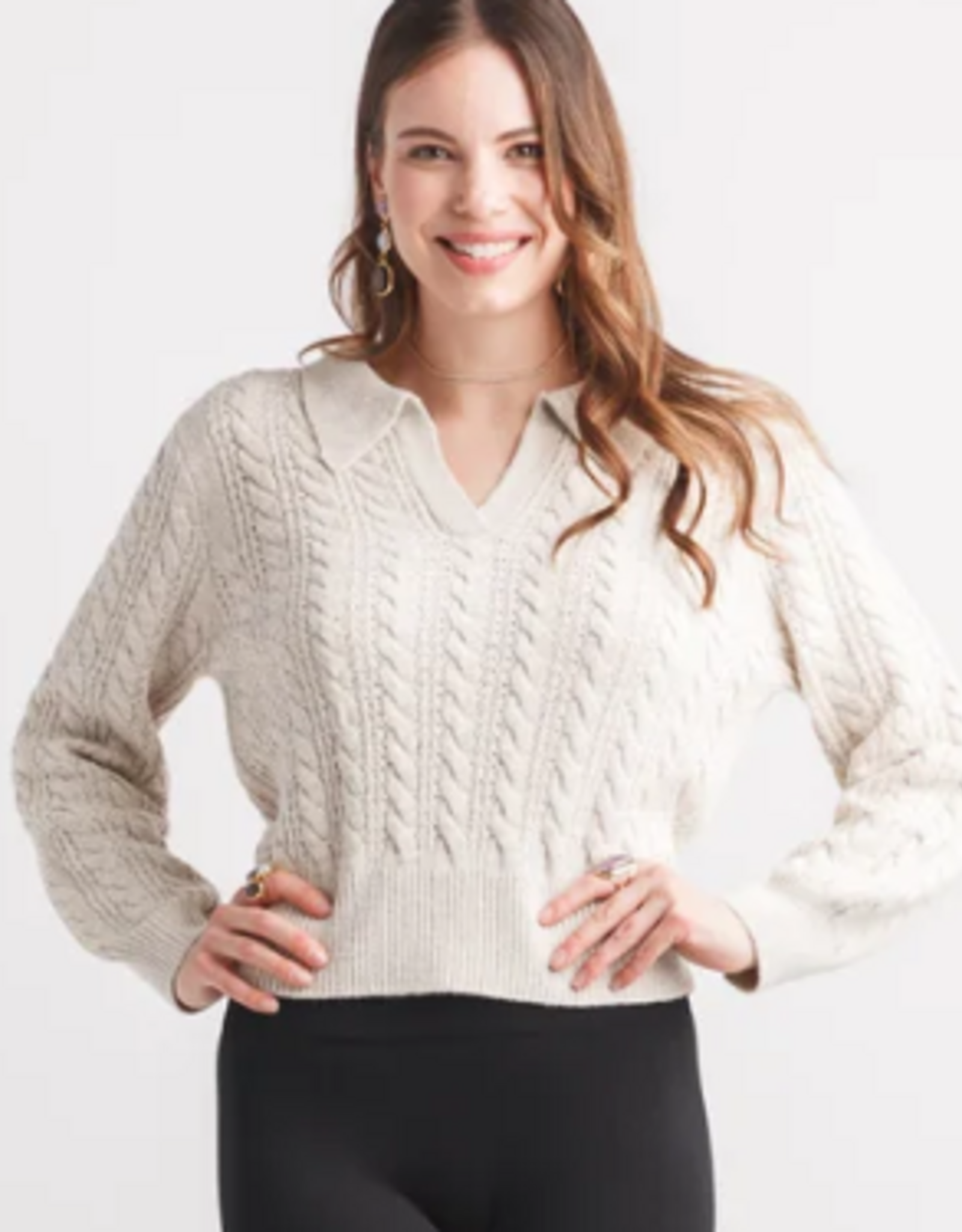 Papillon Papillon Oatmeal V Neck Collared Cable Knit Long Sleeve Sweater