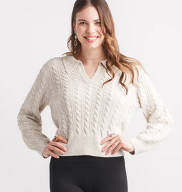 Papillon Papillon Oatmeal V Neck Collared Cable Knit Long Sleeve Sweater