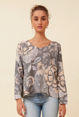 Papillon Papillon Grey Floral Lightweight V-Neck Long Sleeve Sweater
