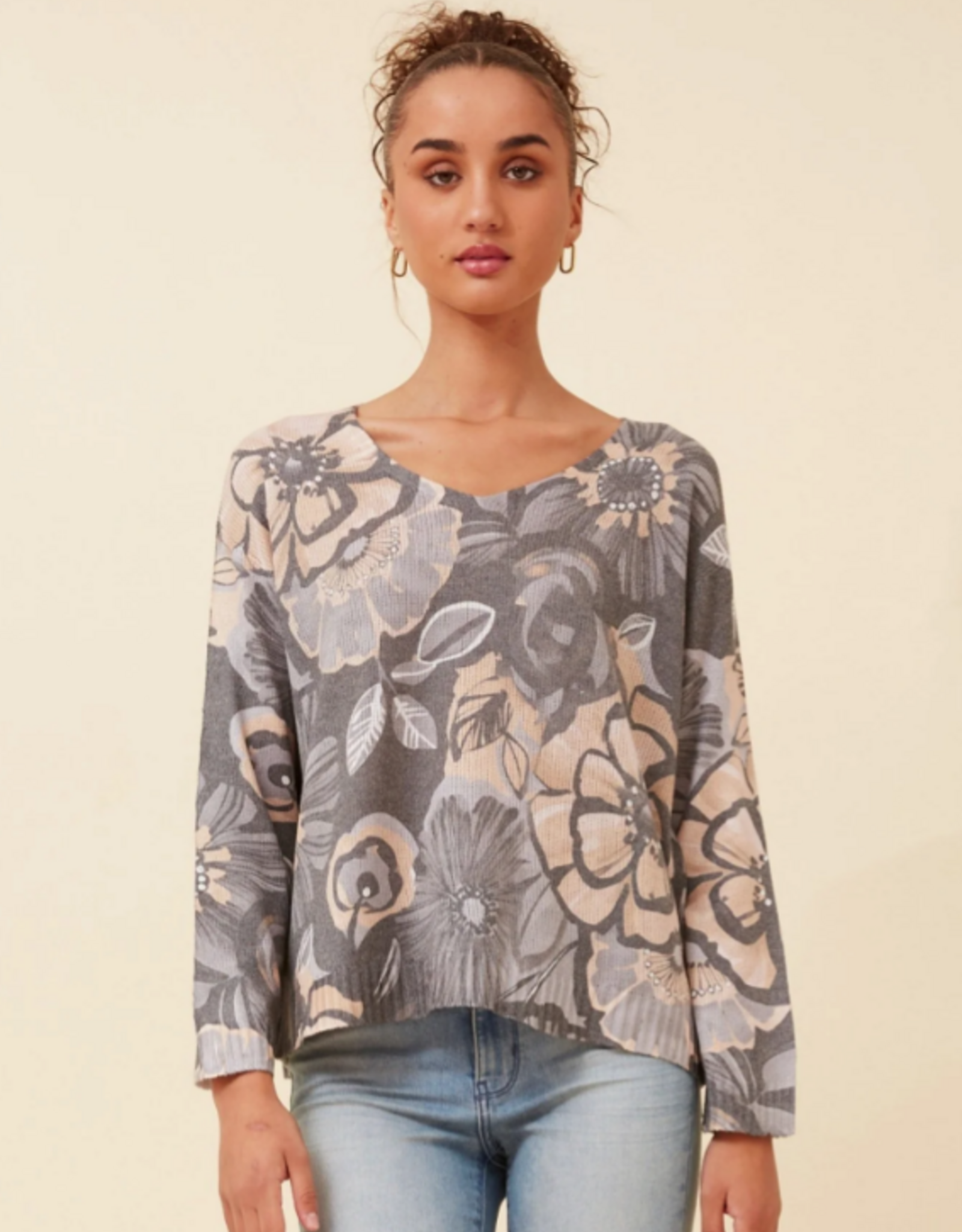 Papillon Papillon Grey Floral Lightweight V-Neck Long Sleeve Sweater