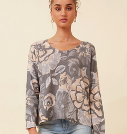 Papillon Papillon Grey Floral Lightweight V-Neck Long Sleeve Sweater