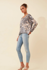 Papillon Papillon Grey Floral Lightweight V-Neck Long Sleeve Sweater