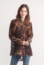 Papillon Papillon Black Multi Velvet Burnout Collard Button Front Blouse Top