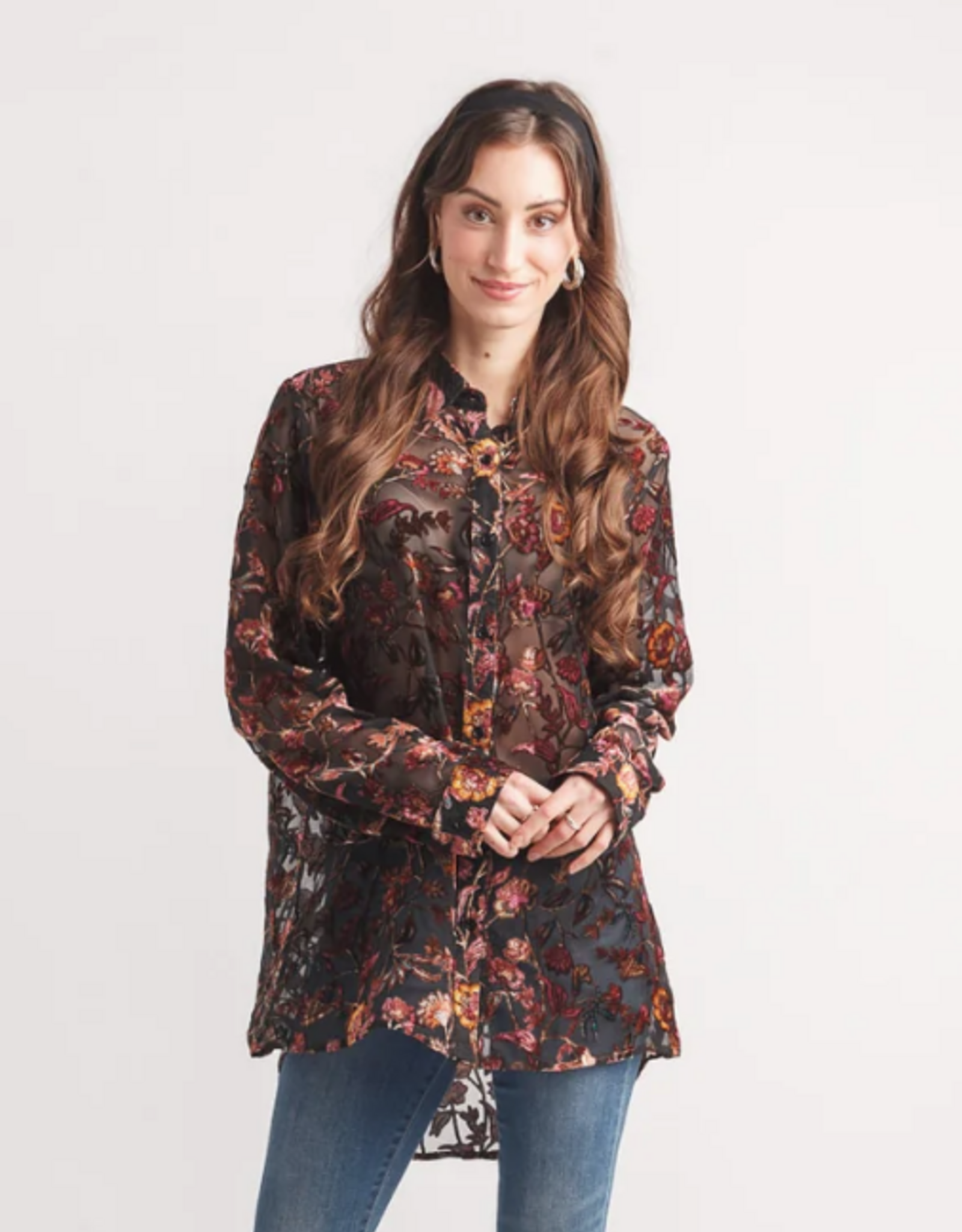 Papillon Papillon Black Multi Velvet Burnout Collard Button Front Blouse Top