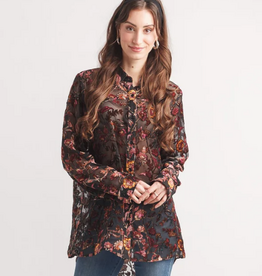 Papillon Papillon Black Multi Velvet Burnout Collard Button Front Blouse Top