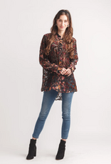 Papillon Papillon Black Multi Velvet Burnout Collard Button Front Blouse Top