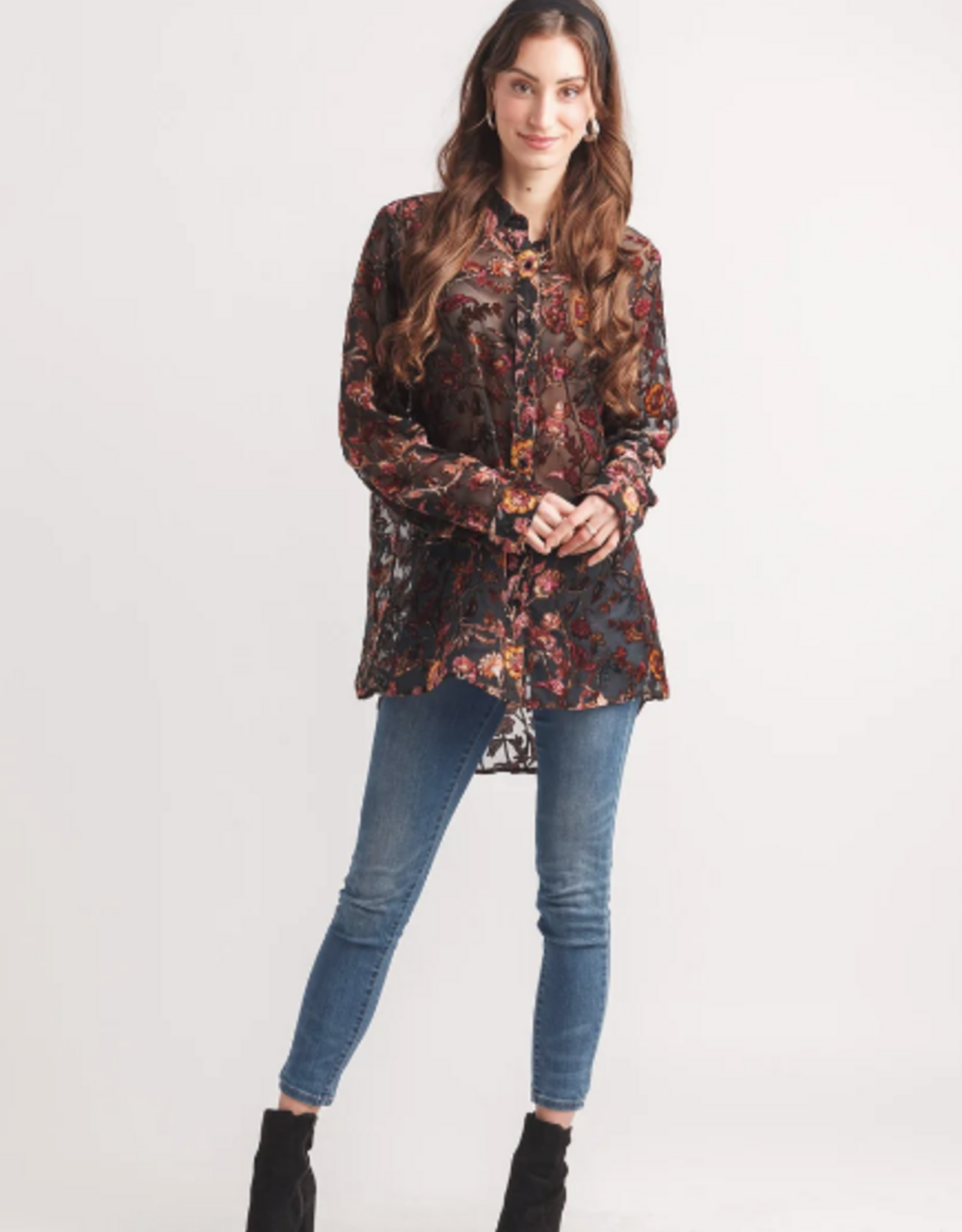 Papillon Papillon Black Multi Velvet Burnout Collard Button Front Blouse Top