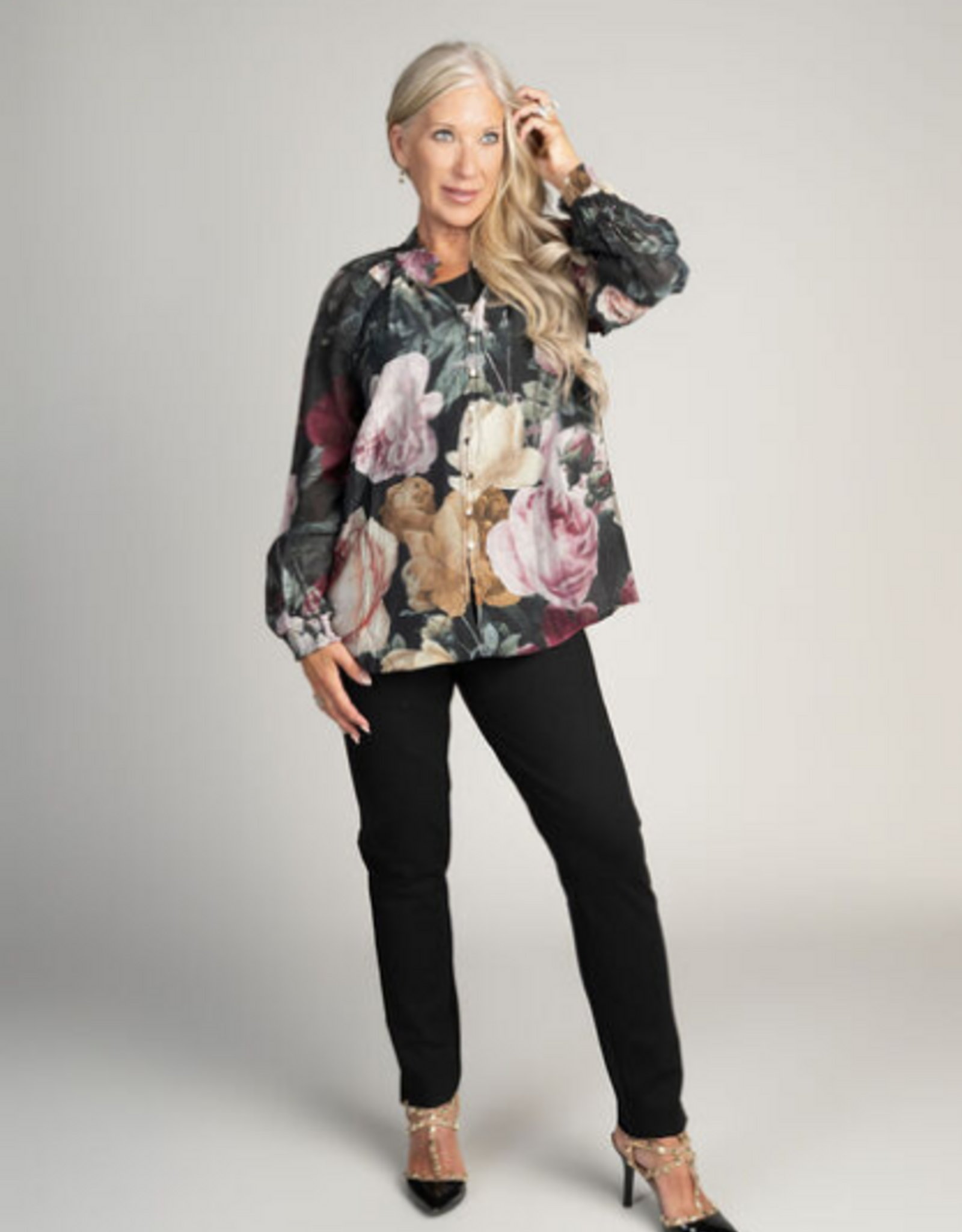 Papillon Papillon Black Multi Floral Button Front Blouse Top