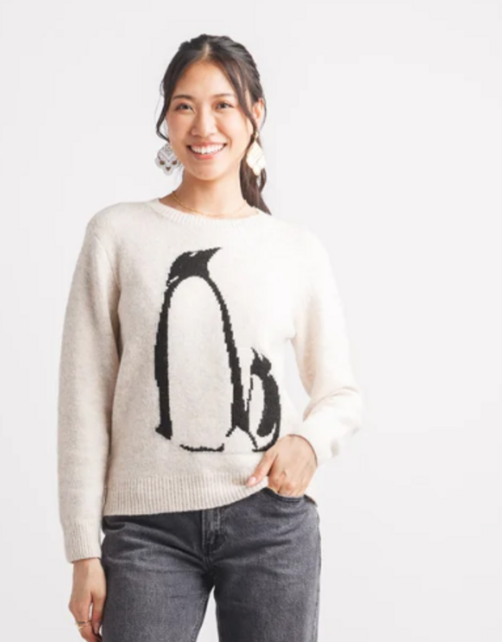 Papillon Papillon  ST19243 Oatmeal Penguin Intarsia Knit Long Sleeve Sweater Long Sleeve Sweater