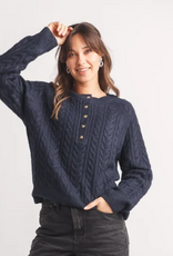 Papillon Papillon Navy Henley Cable Knit Sweater Long Sleeve Sweater