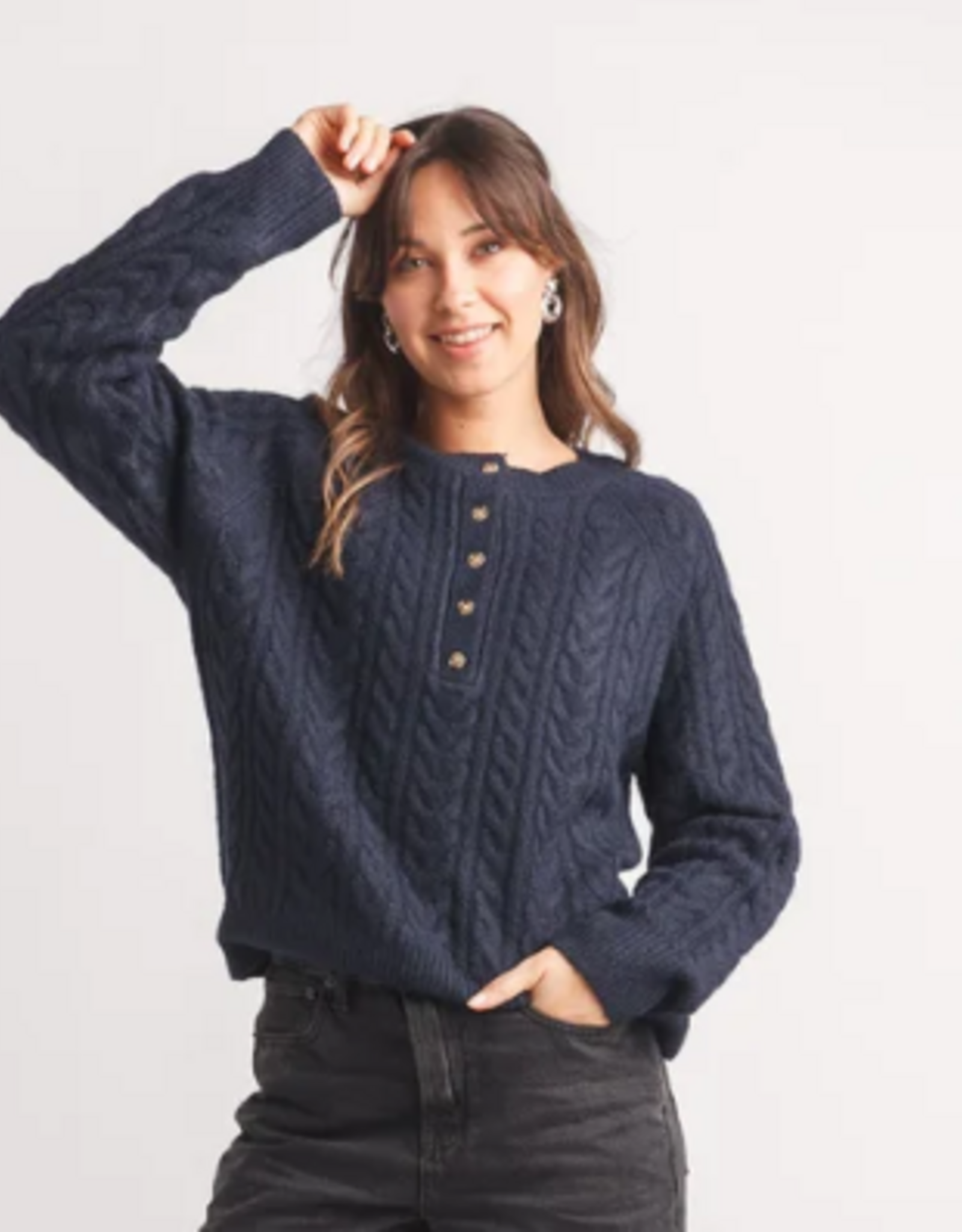Papillon Papillon Navy Henley Cable Knit Sweater Long Sleeve Sweater