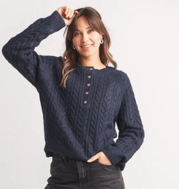 Papillon Papillon Navy Henley Cable Knit Sweater Long Sleeve Sweater