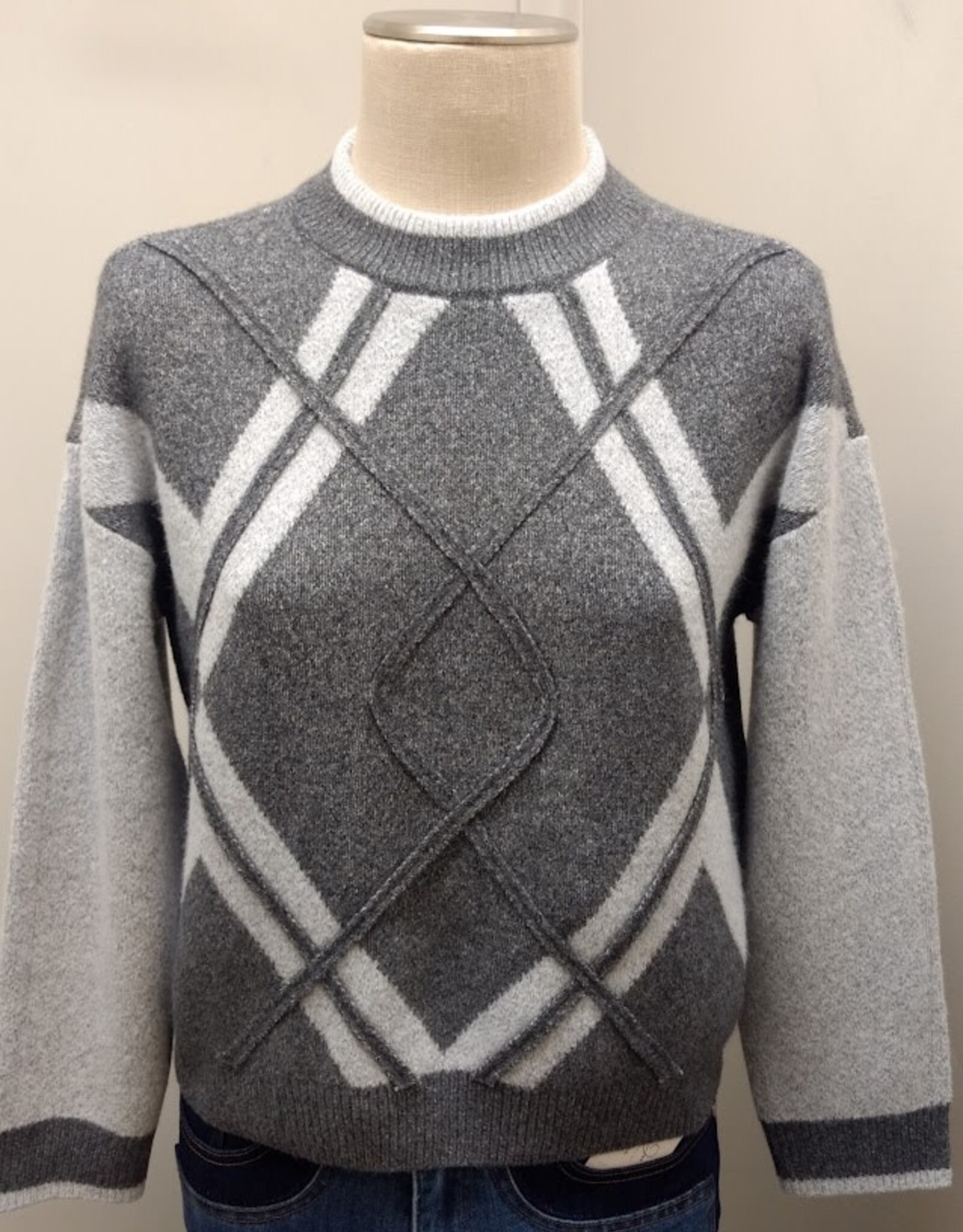 Democracy Democracy Charcoal Heather Grey Argyle   Petite Sweater