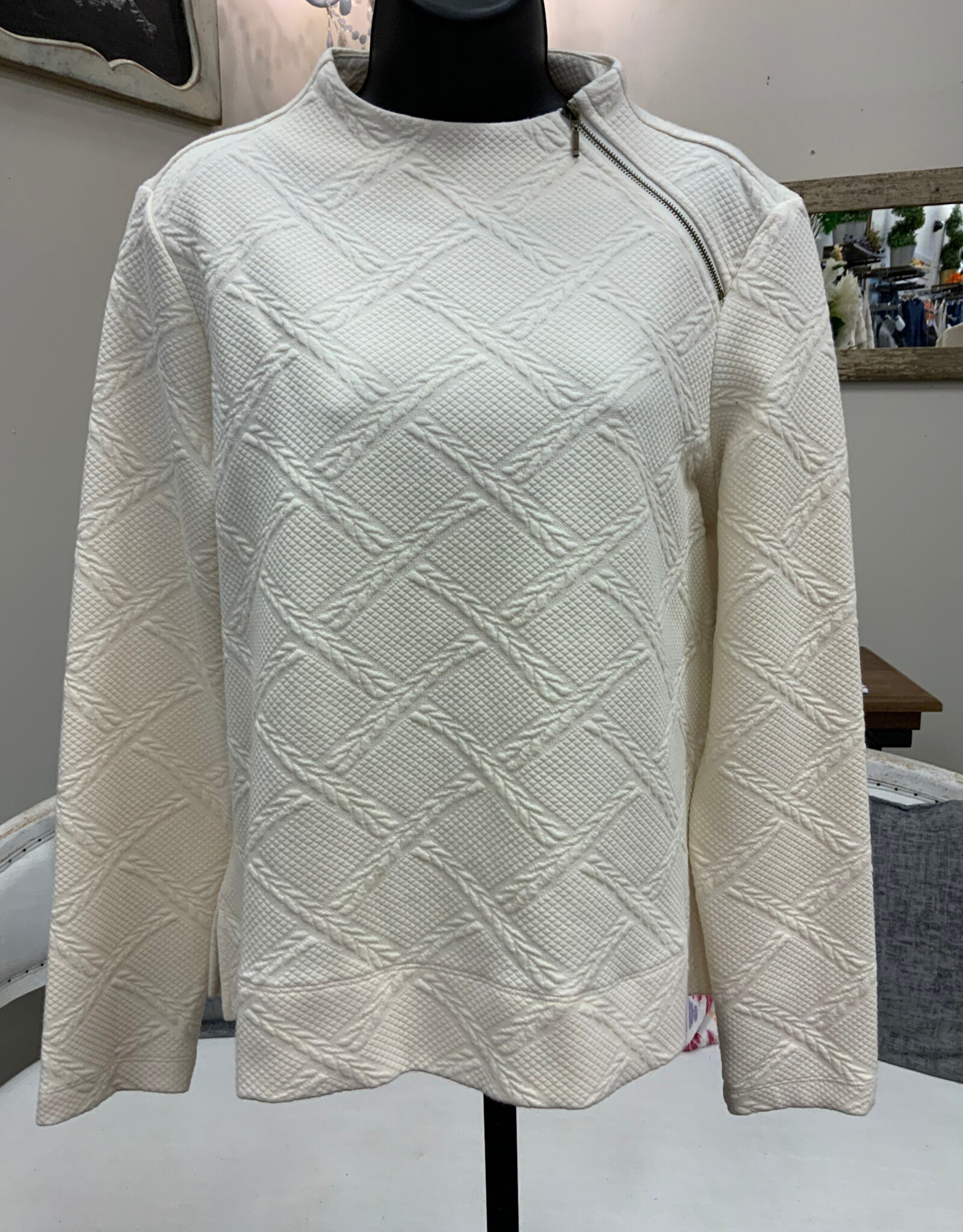 Multiples Multiples  Winter White Round Neck Side Shoulder Zip Long Sleeve Top
