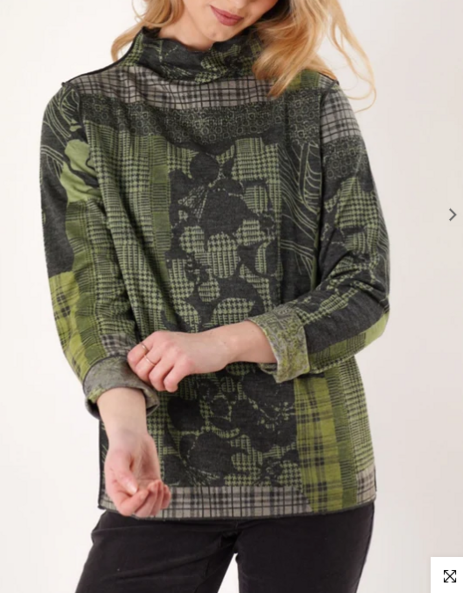 Trisha Tyler Trisha Tyler Green/Black Plaid Floral Reversible Mock Neck  Top