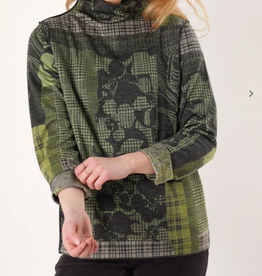 Trisha Tyler Trisha Tyler Green/Black Plaid Floral Reversible Mock Neck  Top