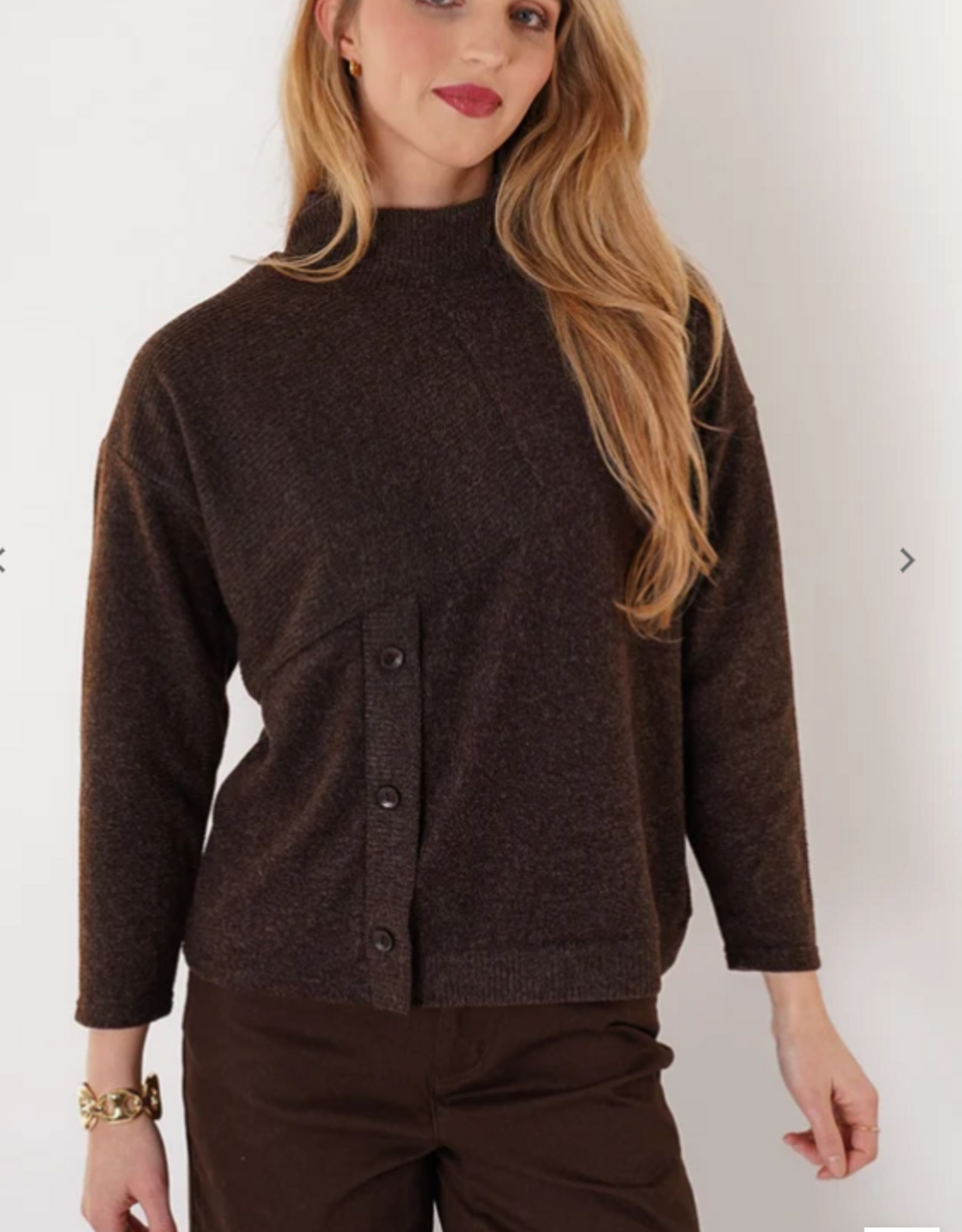 Trisha Tyler Trisha Tyler Chocolate  Mock Neck with Button Detailing Long Sleeve Top