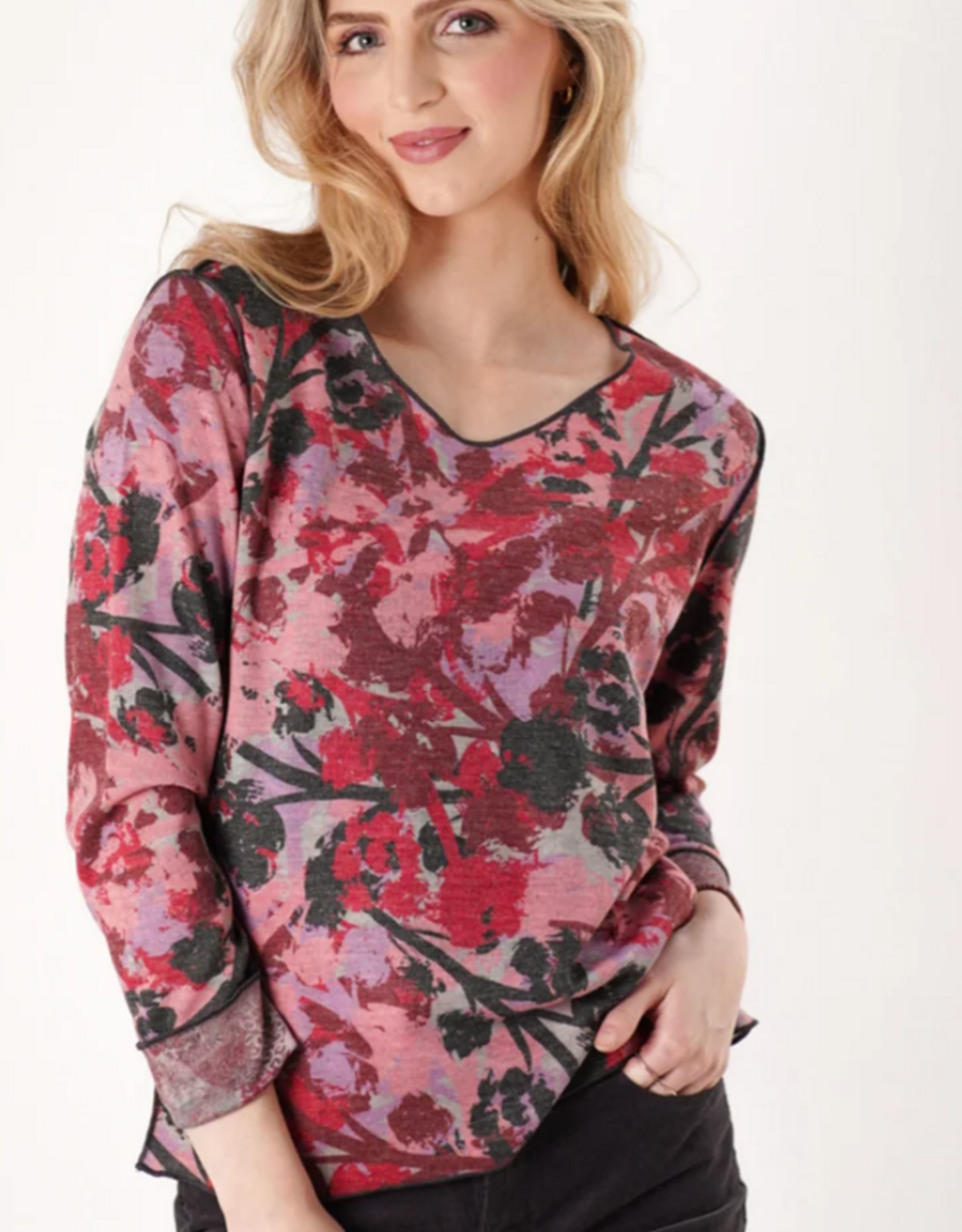 Trisha Tyler Trisha Tyler TT13004 Red Multi Color Floral Print V-Neck  Reversible Top