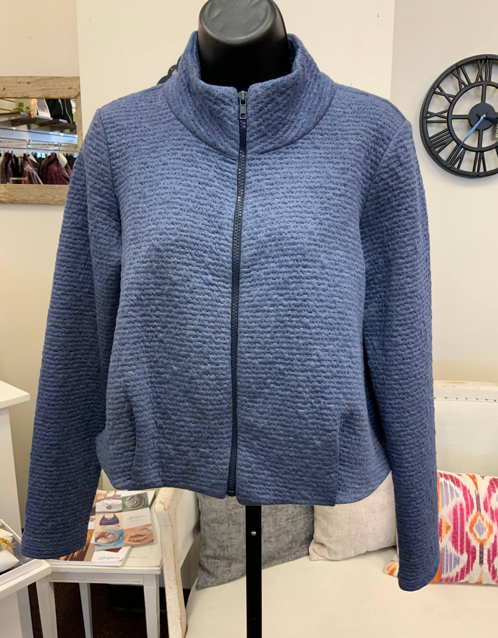 Pure Essence Pure Essence Indigo Textured Crop Zip L/S Top