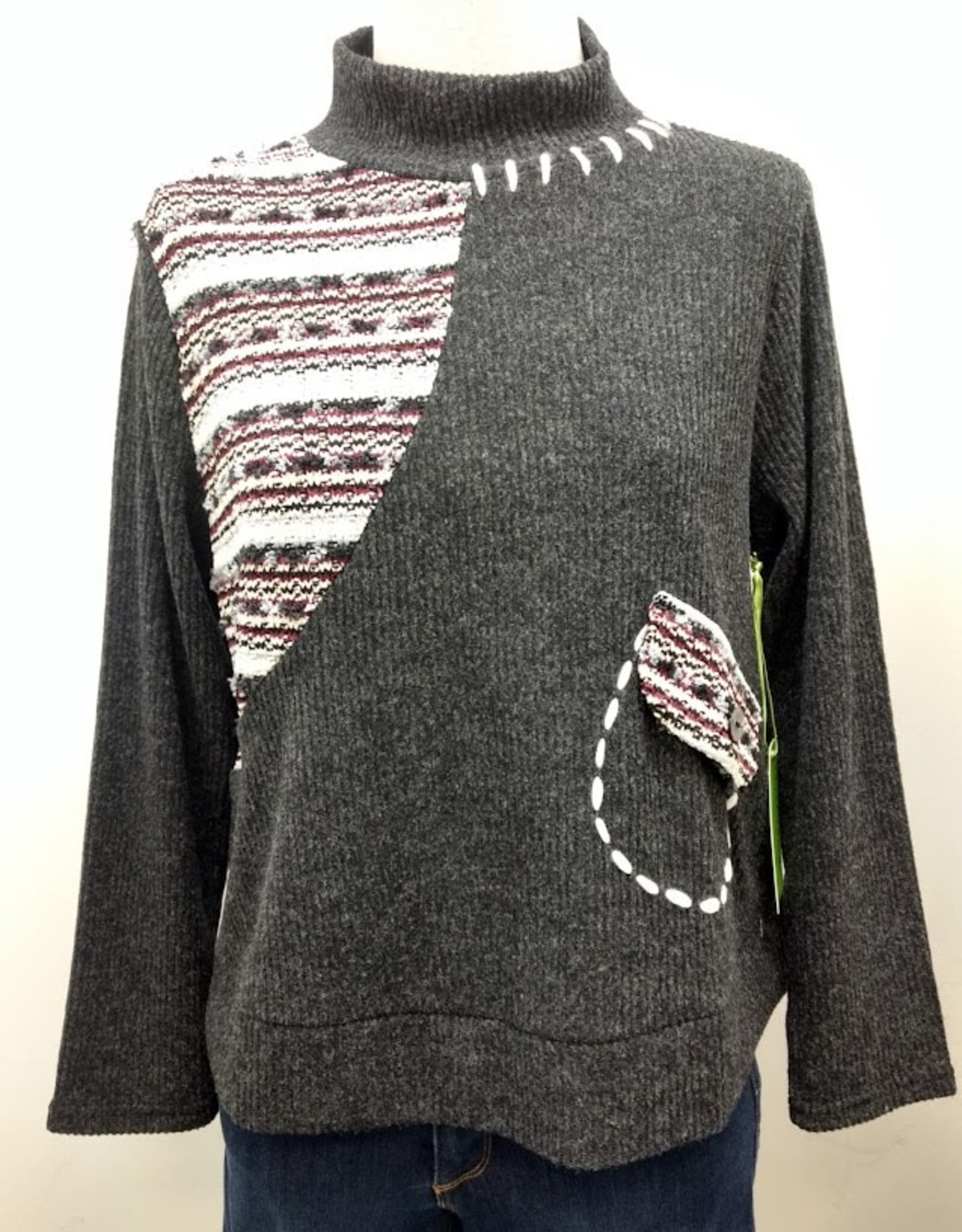 Trisha Tyler Trisha Tyler Grey/White Mock Neck with Striped Pocket Detail Top