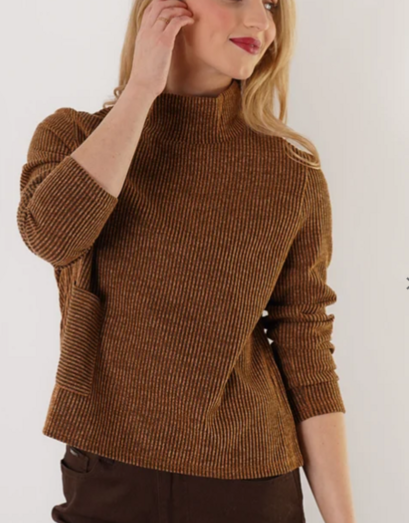 Trisha Tyler Trisha Tyler Coffee Mock Neck  Ribbed  Texture Long Sleeve Top