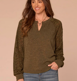 Democracy Democracy Heather Jungle Moss Half Placket Mandarin Collar L/S Top