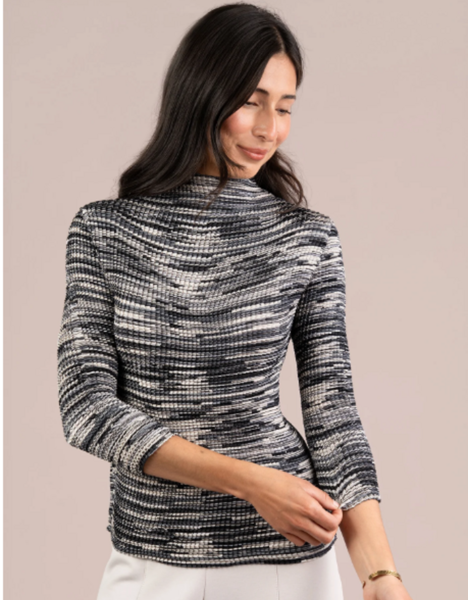 Sympli Sympli Black  Print Plisse Mock Neck 3/4 Sleeve Top