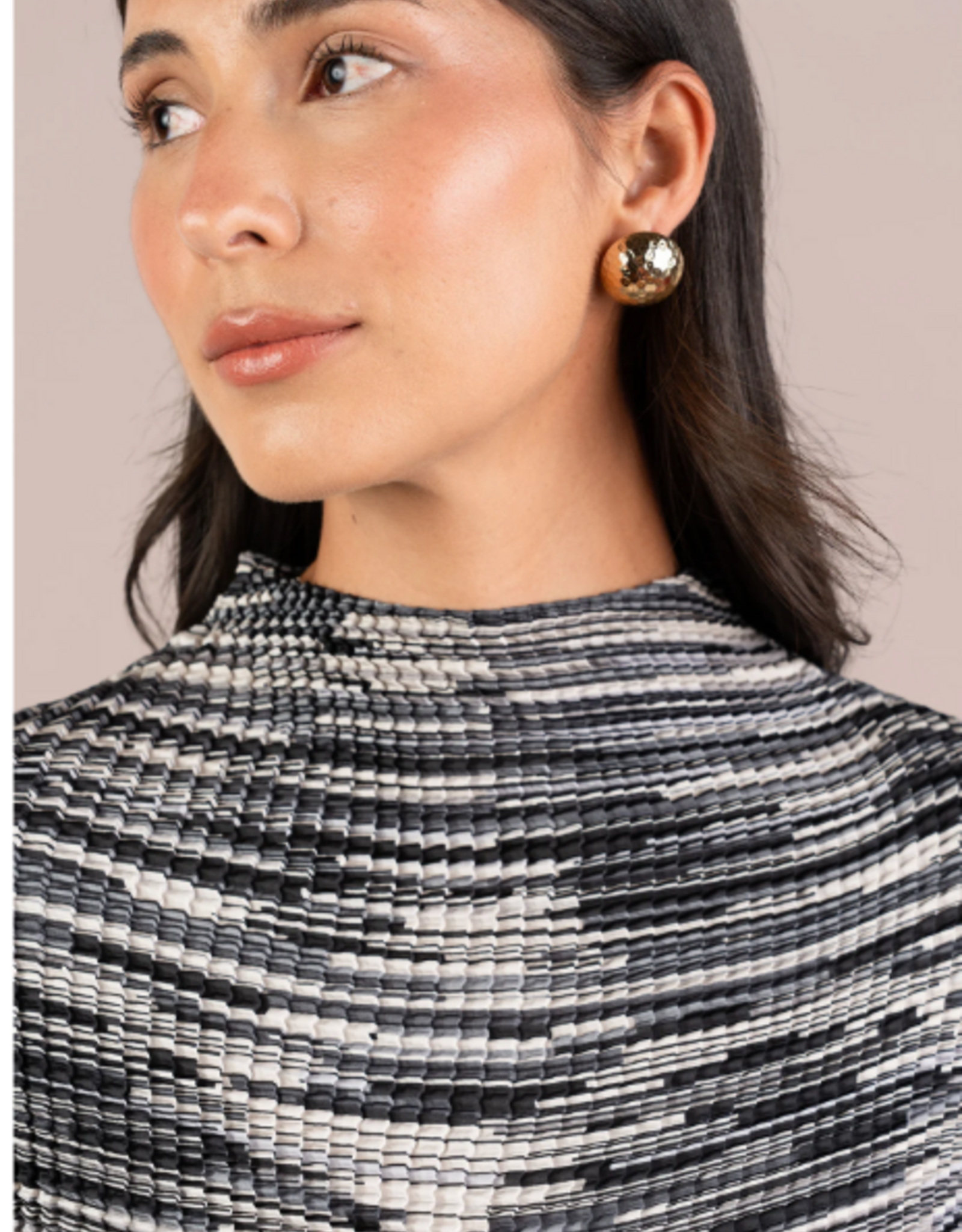 Sympli Sympli Black  Print Plisse Mock Neck 3/4 Sleeve Top