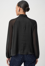 Joseph Ribkoff Joseph Ribkoff Black Satin Key-Hole Neck Chiffon Long Sleeve Blouse Top