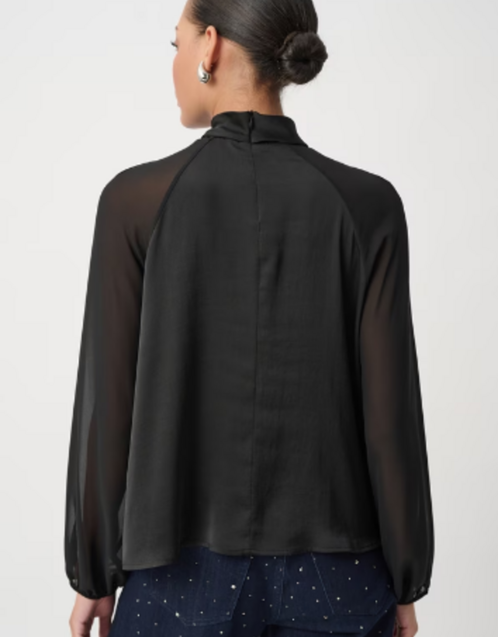 Joseph Ribkoff Joseph Ribkoff Black Satin Key-Hole Neck Chiffon Long Sleeve Blouse Top