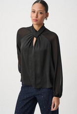 Joseph Ribkoff Joseph Ribkoff Black Satin Key-Hole Neck Chiffon Long Sleeve Blouse Top