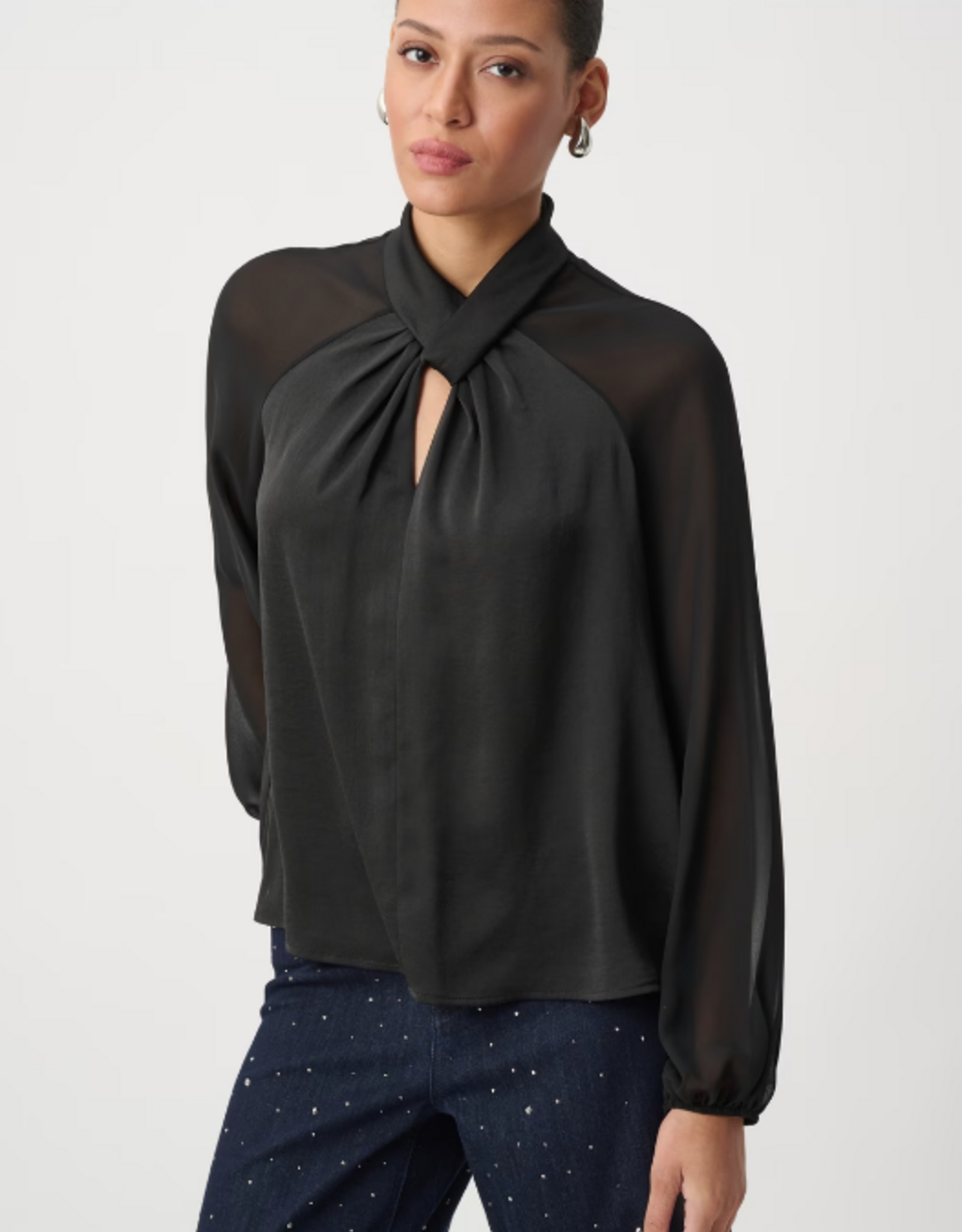 Joseph Ribkoff Joseph Ribkoff Black Satin Key-Hole Neck Chiffon Long Sleeve Blouse Top