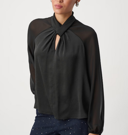 Joseph Ribkoff Joseph Ribkoff Black Satin Key-Hole Neck Chiffon Long Sleeve Blouse Top