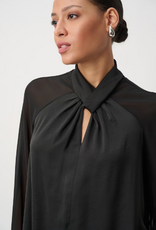 Joseph Ribkoff Joseph Ribkoff Black Satin Key-Hole Neck Chiffon Long Sleeve Blouse Top