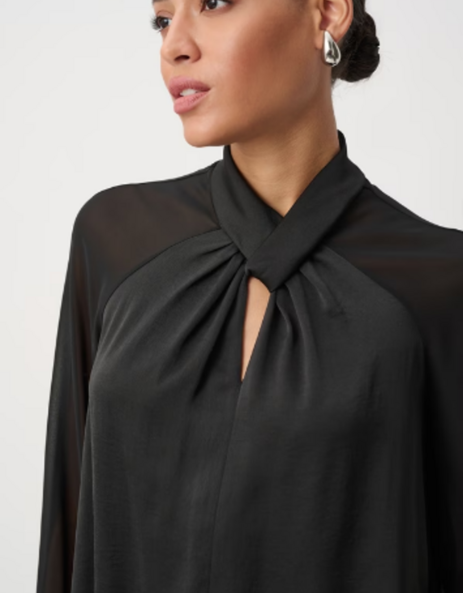 Joseph Ribkoff Joseph Ribkoff Black Satin Key-Hole Neck Chiffon Long Sleeve Blouse Top