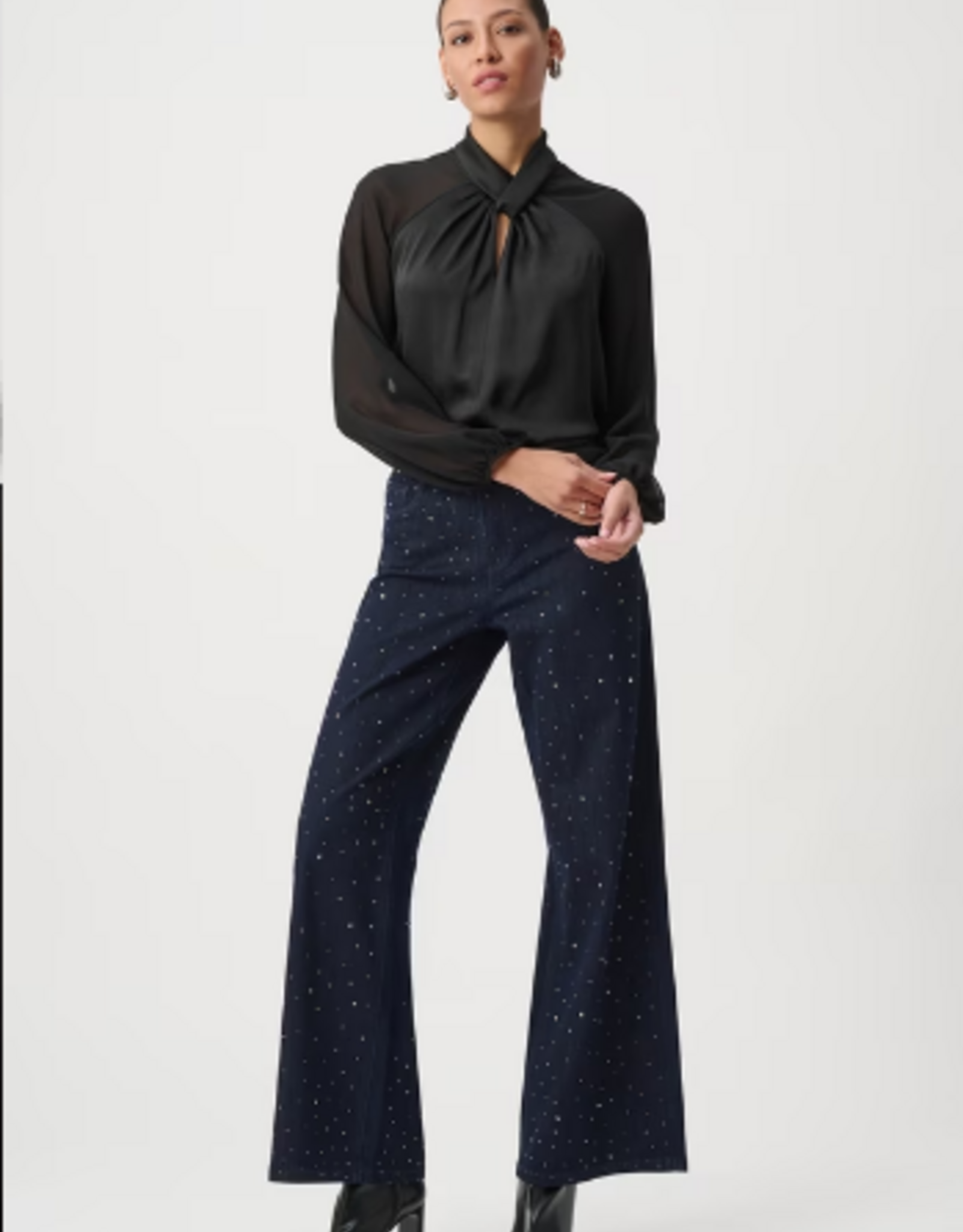 Joseph Ribkoff Joseph Ribkoff Black Satin Key-Hole Neck Chiffon Long Sleeve Blouse Top