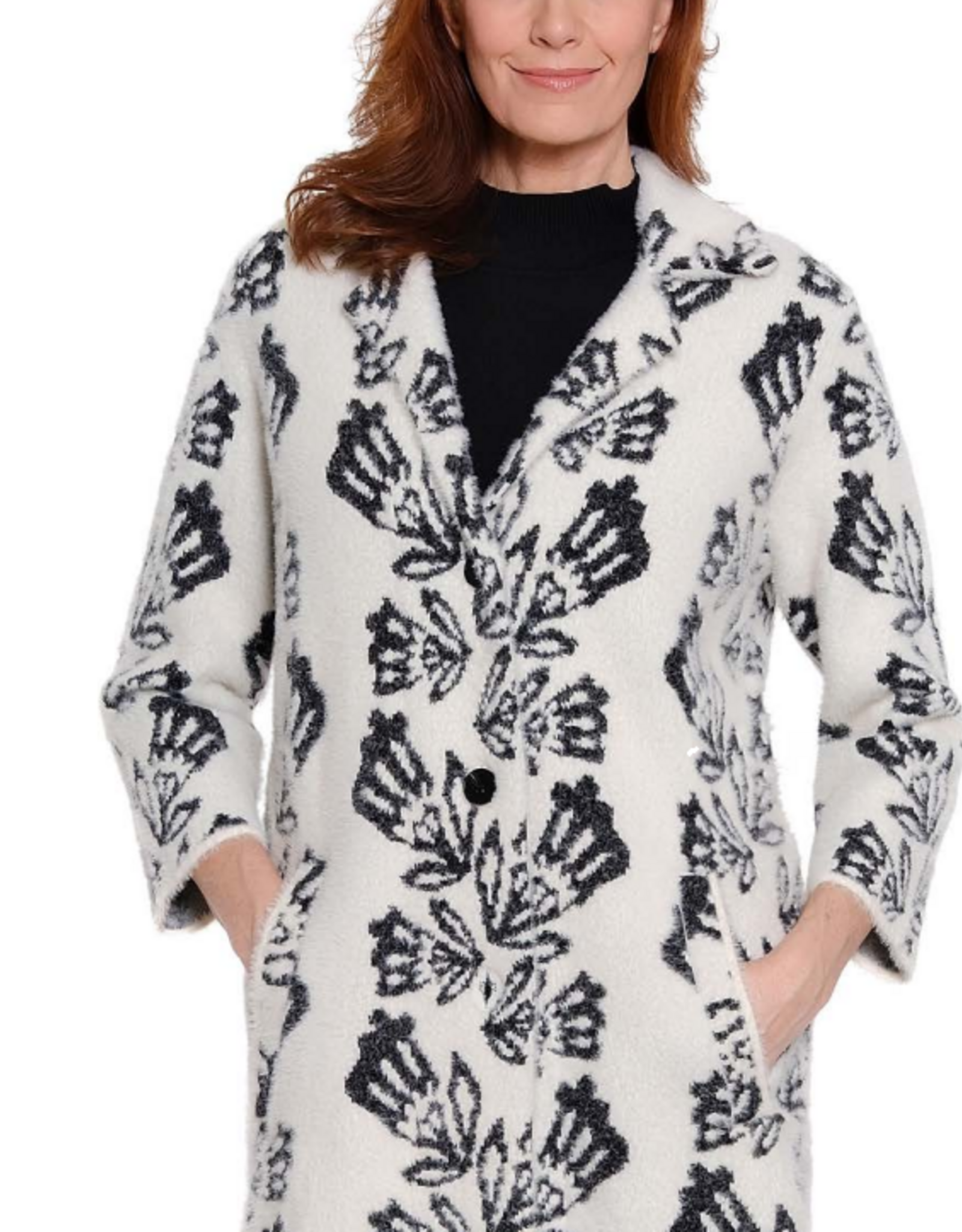A la Carte A La Carte White/ Black Print Button Up 3/4 Sleeve Sweater Coat
